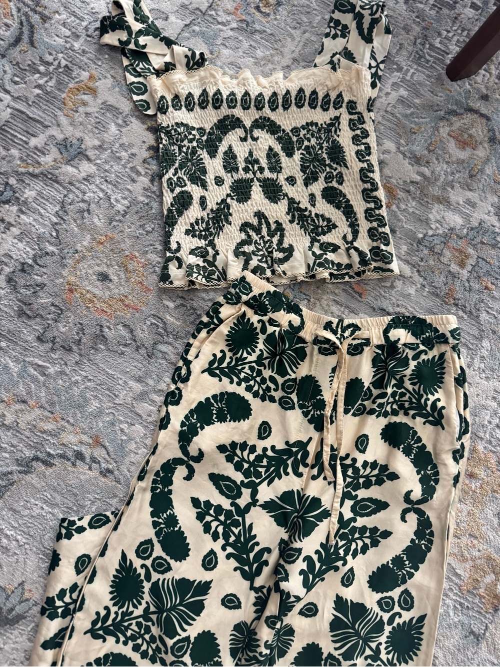 Sandro Cream and Dark Green Printed Smocked Crop Top & Pants Set Size 1/Pants 38